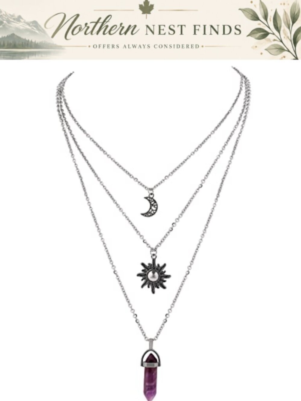 Goth Crescent Moon Sun Crystal Layered Choker Necklace Set Zinc Alloy Stainless